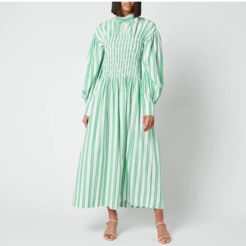 GANNI kelly green striped midi dress